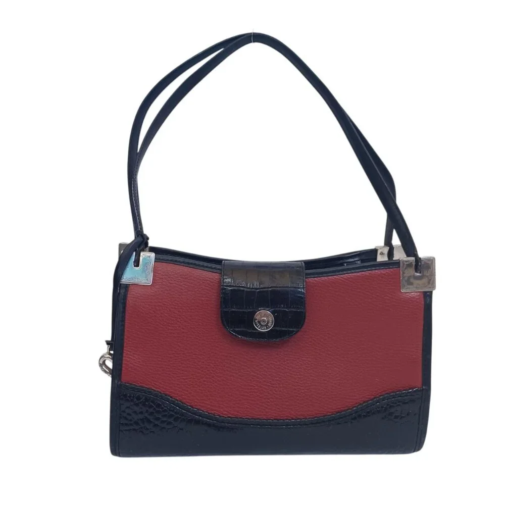 Brighton Bag Leather Shoulder Handbag Croc-Embossed Black‎ Maroon